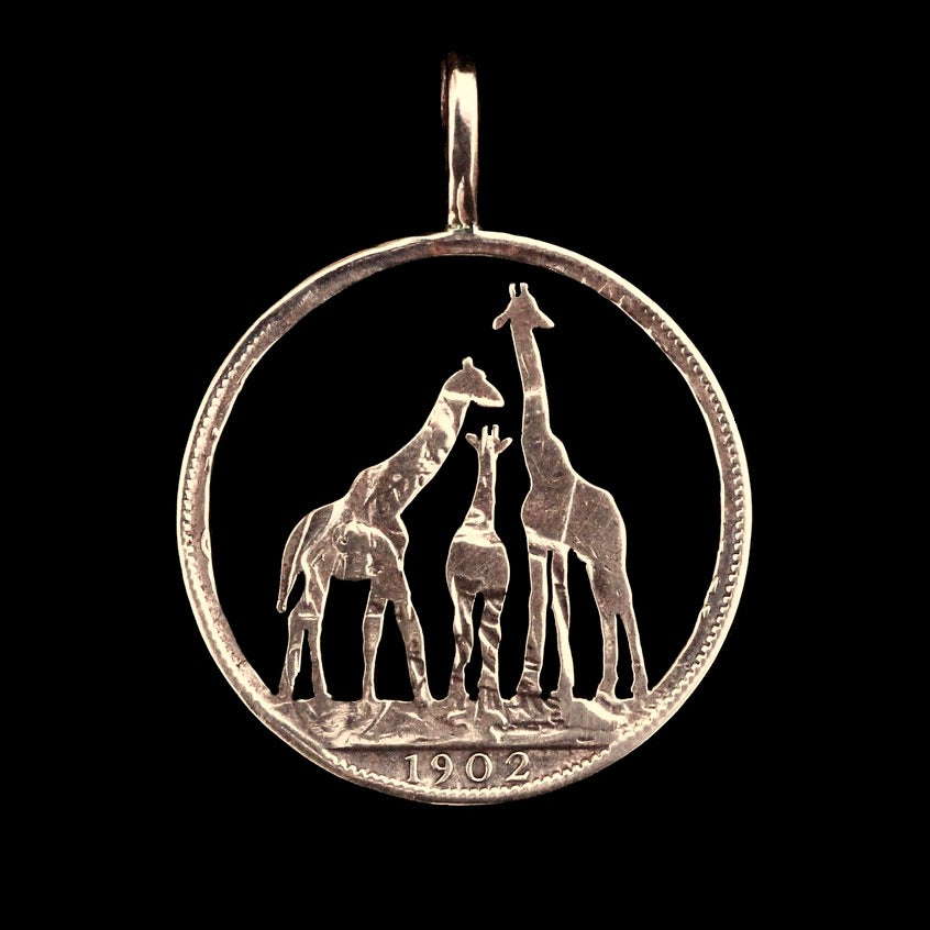 Giraffe Family Cut Coin Pendant