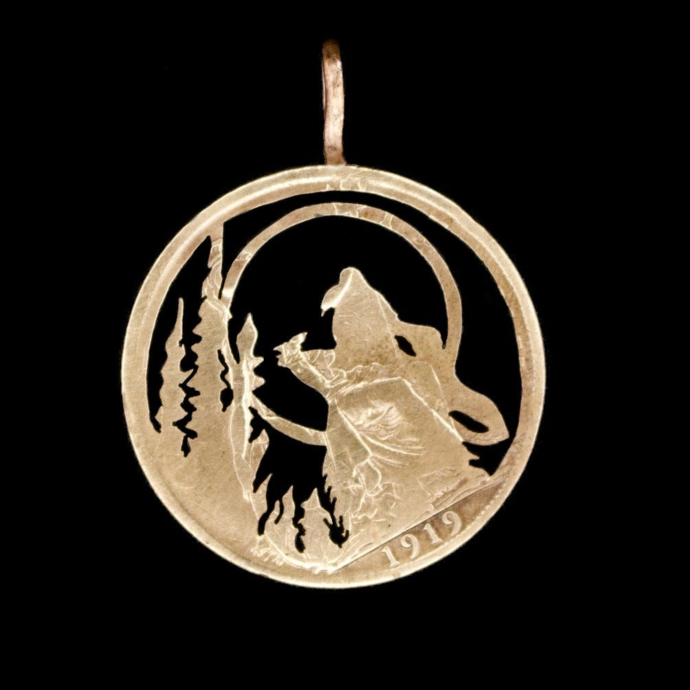 Wolf In the Moon Cut Coin Pendant