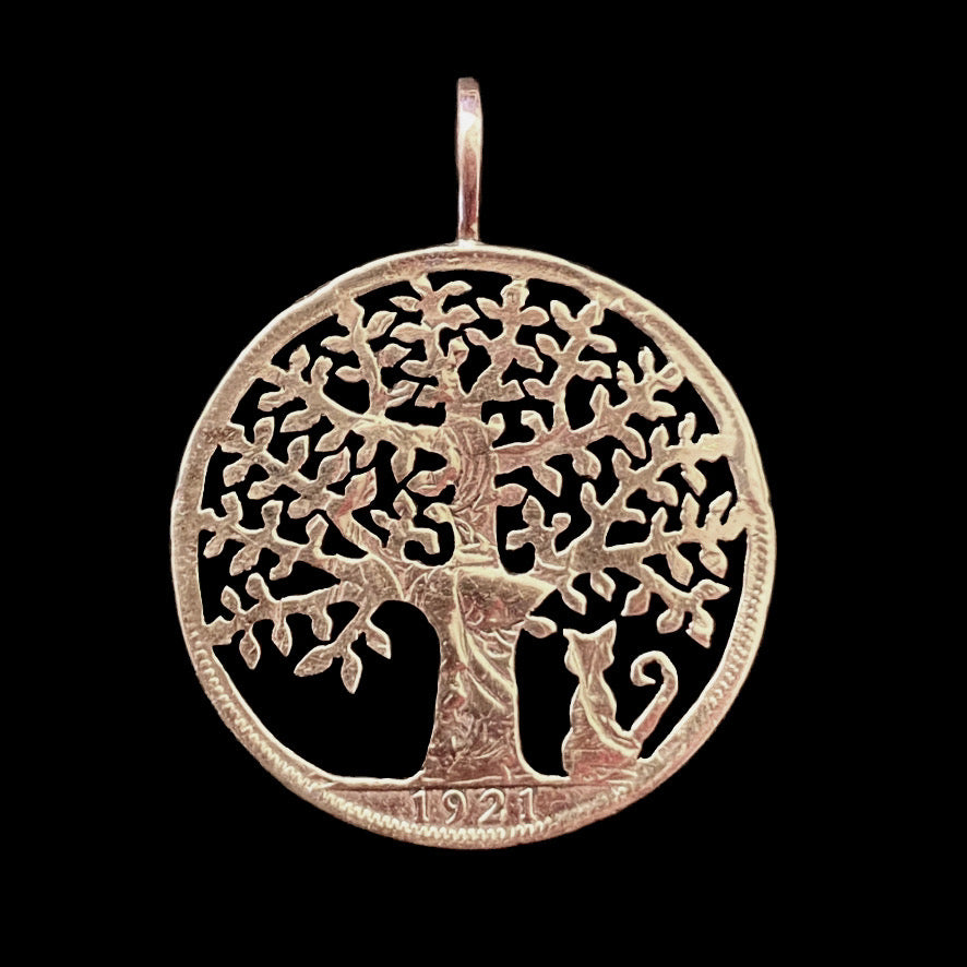 Oak Tree of Life with Cat Cut Coin Pendant